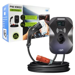 Nabíjecí stanice PNI KW22, 32 A, 22 kW, pro elektromobily, 85 V - 415 V, třífázová, kabel typu 2 a 7kolíkový konektor.