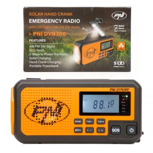Přenosné rádio PNI DYN300, s dynamem, solární nabíjení, baterka, powerbanka 4000 mAh, SOS, oranžová