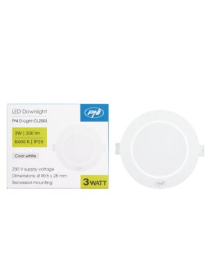 LED reflektor PNI D-Light CL2503 3W, vestavný, kulatý, 90,5*28mm, 6400K, napájení 230V, 330 lm, bílý