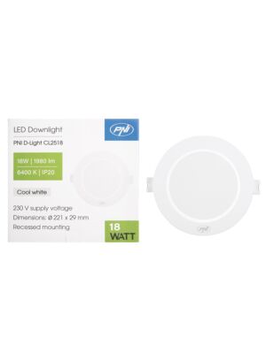 LED reflektor PNI D-Light CL2518 18W, vestavný, kulatý, 220,7*28,9mm, 6400K, napájení 230V, 1980 lm, bílý