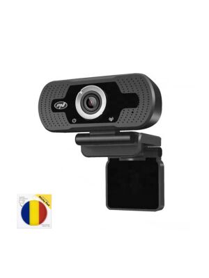 Součástí je balíček webkamery PNI CW2860 Full HD 4MP, včetně USB, klipu, vestavěného mikrofonu a sticky pad vlajky