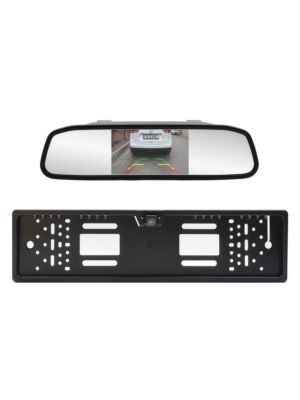 Bezdrátový parkovací systém PNI Escort P25 s 4,3palcovým displejem v zpětném zrcátku a kamerou v držáku na registrační značku.