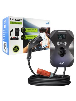 Nabíjecí stanice PNI KW22, 32 A, 22 kW, pro elektromobily, 85 V - 415 V, třífázová, kabel typu 2 a 7kolíkový konektor.